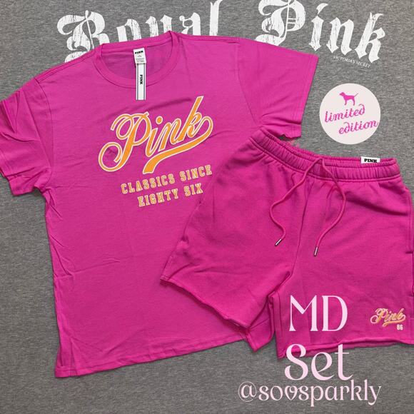 Victoria’s Secret PINK Limited Edition Pink Gossip Matching Campus Tee & Shorts - Picture 1 of 11